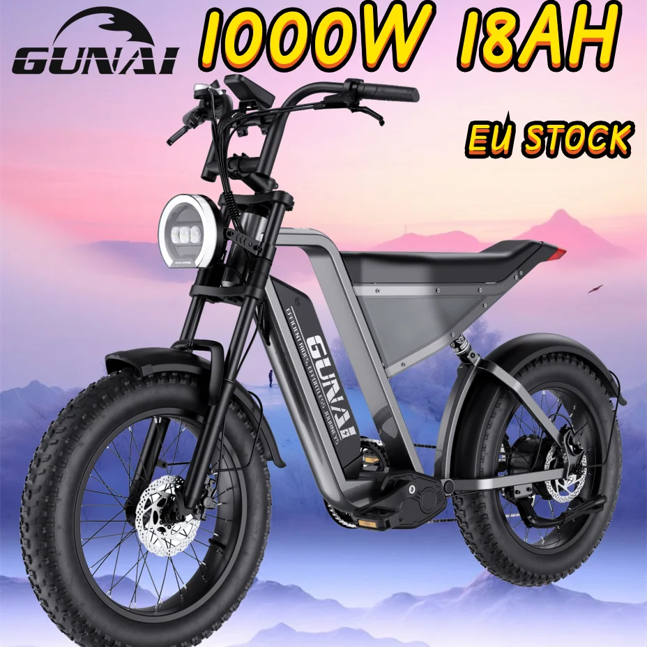 GUNAI-Y 1000W Electric Bicycle 20*4Inch Fat Tire Electric Bike with 48V 18AH Removable Battery, 60KM/H Max Speed, 100KM Mileage