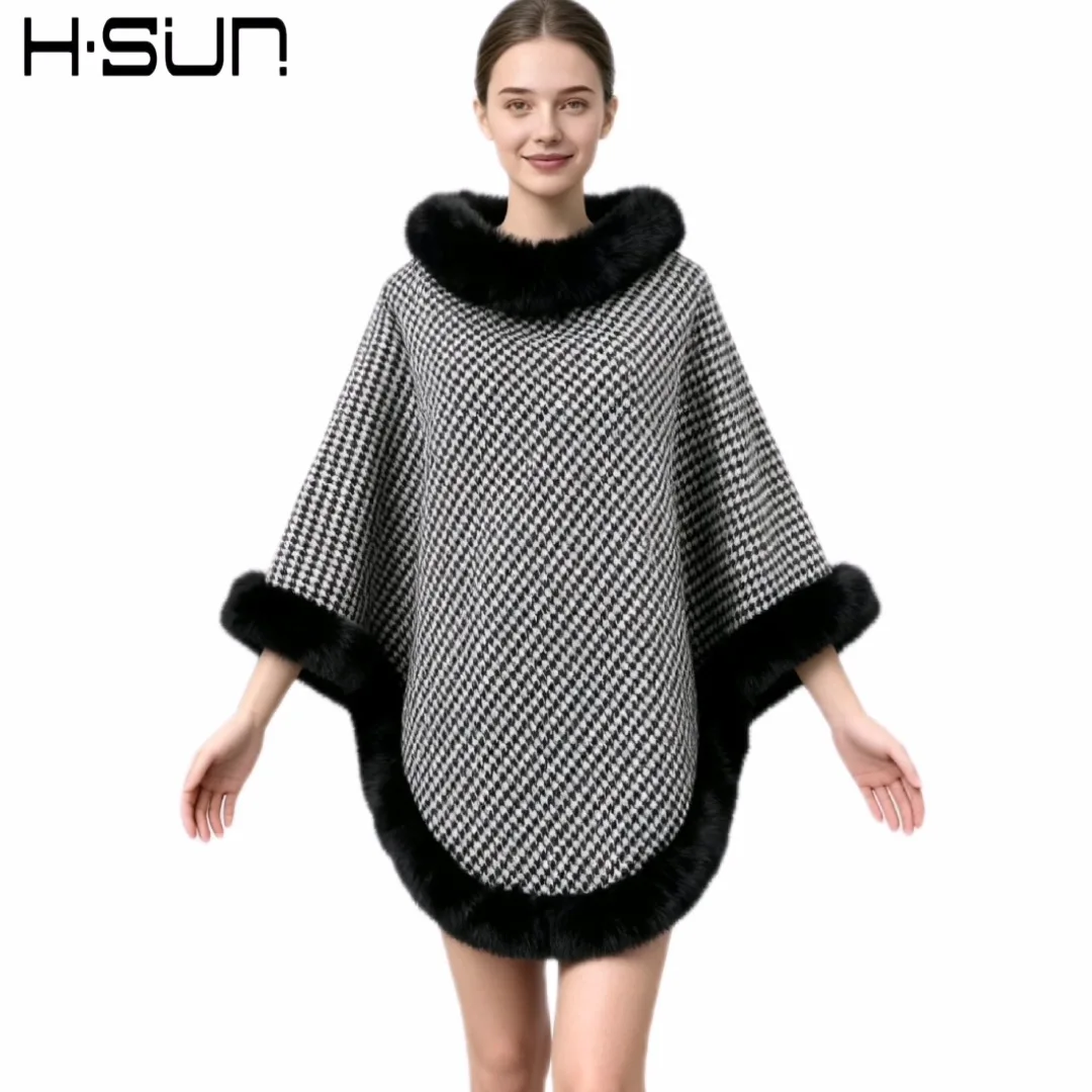 

2025 Новая модная нежная рубашка без рукавов с летучей мышью, клетчатый плащ, шаль для женщин, пуловер с меховым воротником, кольцо, теплая куртка-плащ Wh32