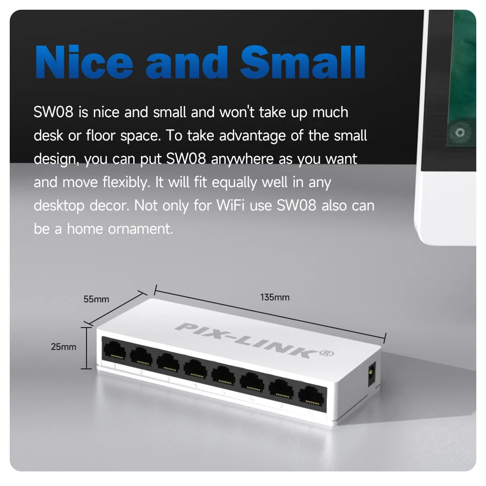 PIX-LINK SW08 Network Switches Mini Ethernet 8 Port 10/100Mbps Fast Network Switch Splitter For Home Office