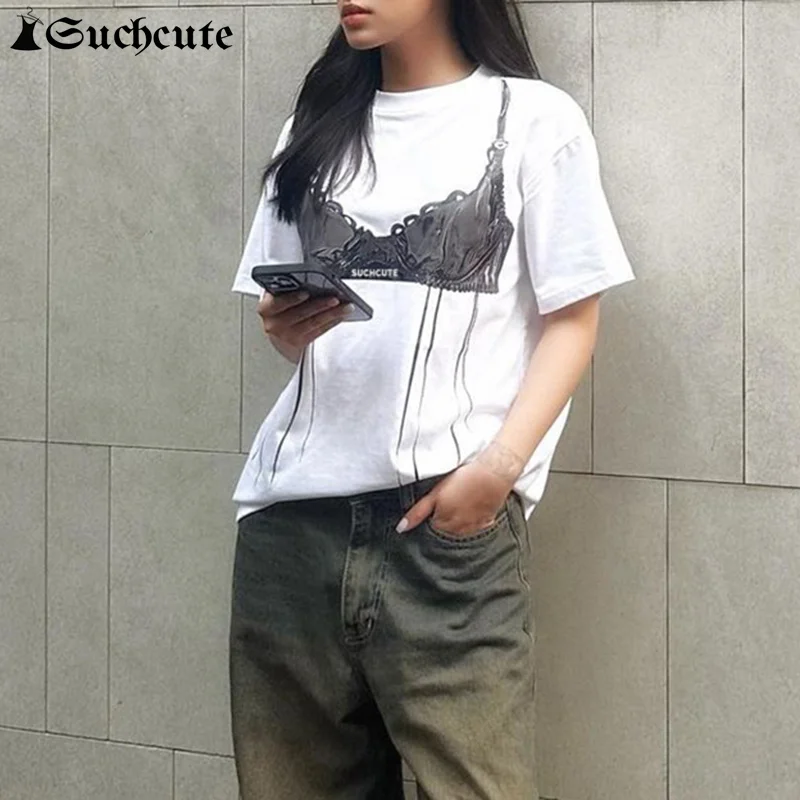 

SUCHCUTE Knitted Korean Streetwear White Graphic T-shirt Women Lace Bra Letter Print Short Sleeve Tee Jerséis Summer Y2K Tops