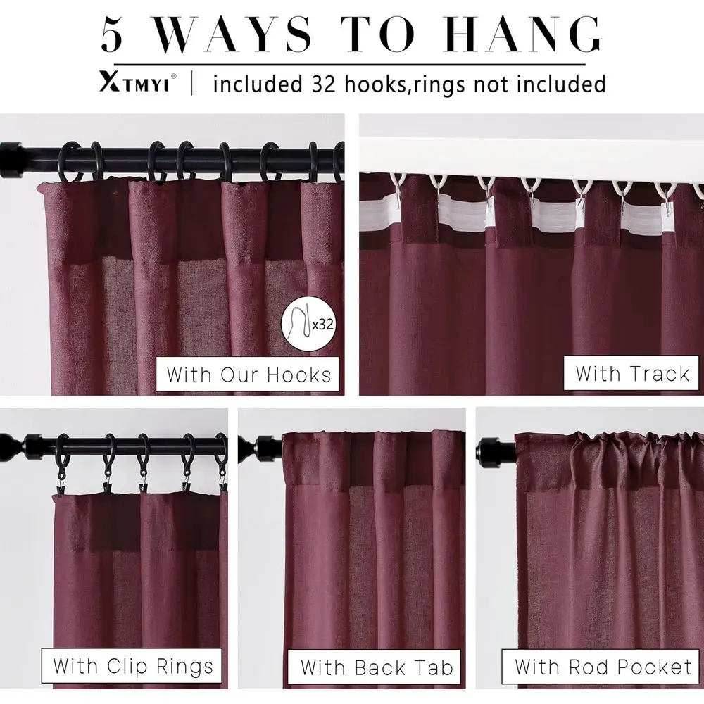 Cortinas semitransparentes estilo lino vino tinto, 108x50, 4 opciones colgantes, juego de 2 para sala de estar y decoración navideña