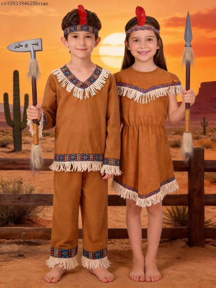 

Enfant Native American Cosplay Dress Up Brown Mädchen Princess Dress Outfit Indian Junge Stage Performance Tassel Costume 2026