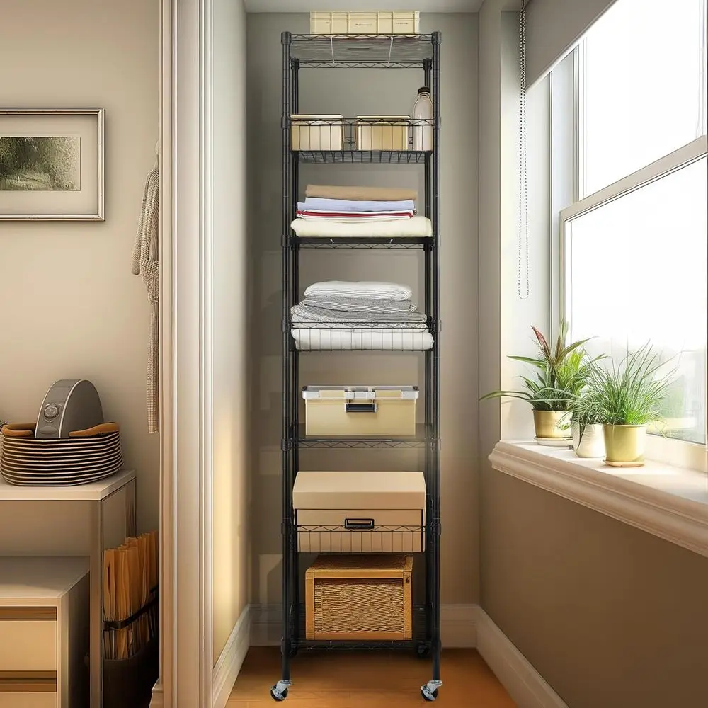 رفوف سلكية شديدة التحمل مكونة من 7 طبقات بعجلات، مقاس 18 × 18 × 78.8 بوصة، رف تخزين للمطبخ/الحمام/المكتب، معتمد من NSF، باللون الأسود