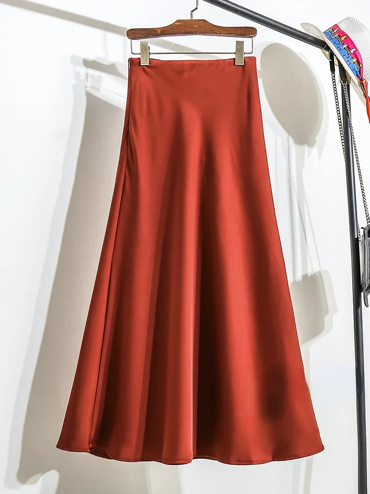 Women's Satin Long Skirt Office Lady Elastic Waist A-Line Skirt in Solid Champagne Purple Red Silk New Fashion 2025