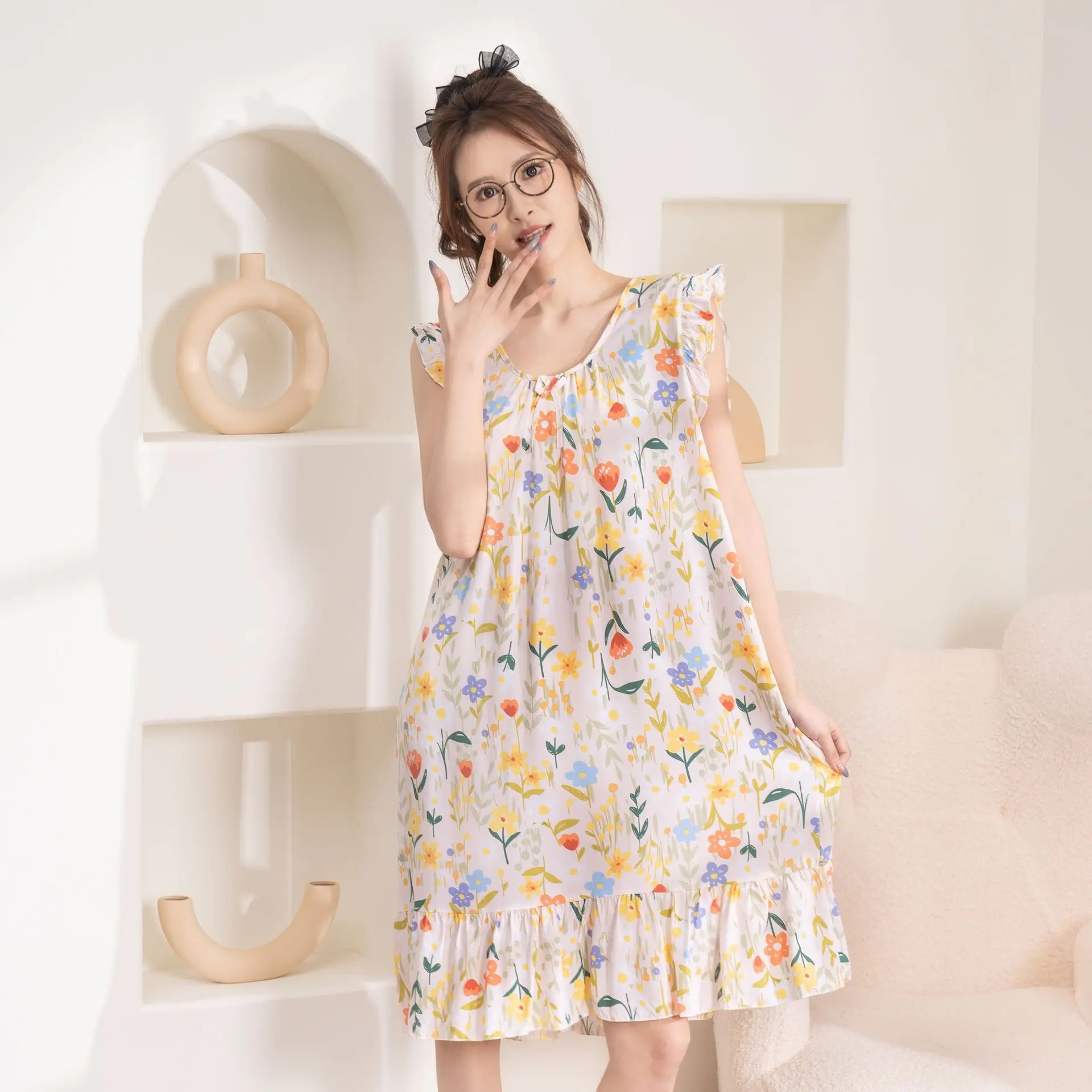 

Summer Cotton Silk Sleep Dress Women's Floral Print Vest Skirt Artificial Cotton Home Dress Can Be Worn outside Sleepwear