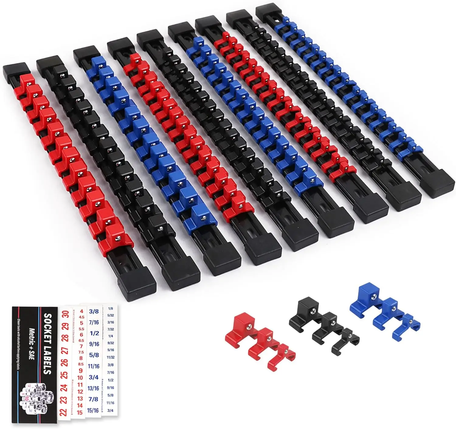 

Socket Organizer Set 3-Rail Heavy Duty ABS Plastic 1/4 3/8 1/2 Inch 129 Clips for Toolbox Drawer