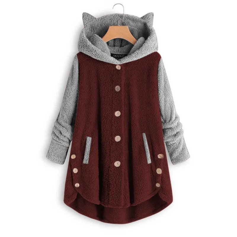 Soffice cappotto con cappuccio donna autunno inverno felpe con cappuccio in peluche femminile Kawaii orecchie di gatto cappotti a maniche lunghe femminile caldo bottoni Casual top