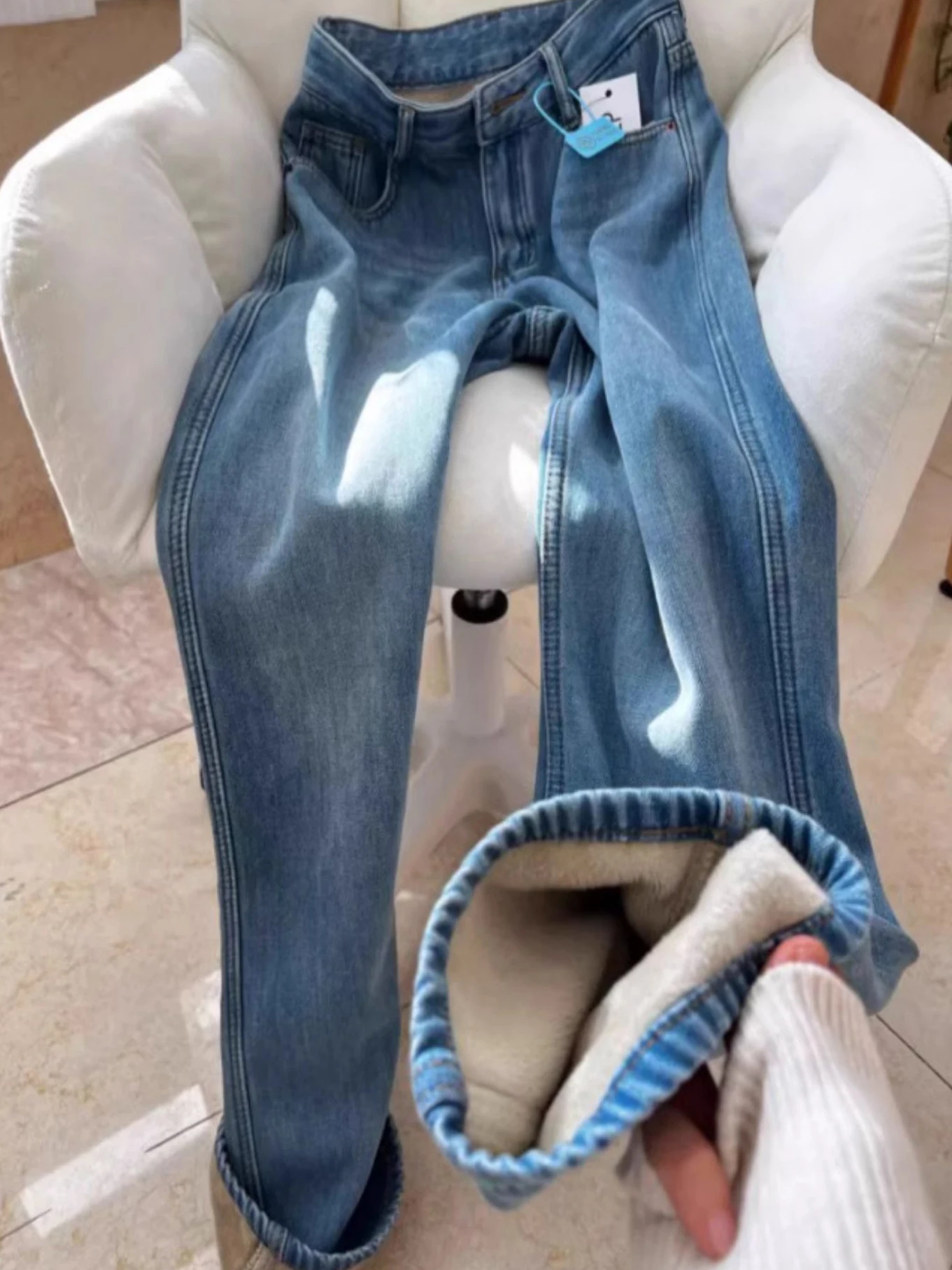 

Ретро светло-голубые джинсы с флисовой подкладкой и высокой талией, женские осенне-зимние прямые брюки, универсальные повседневные джинсы для похудения