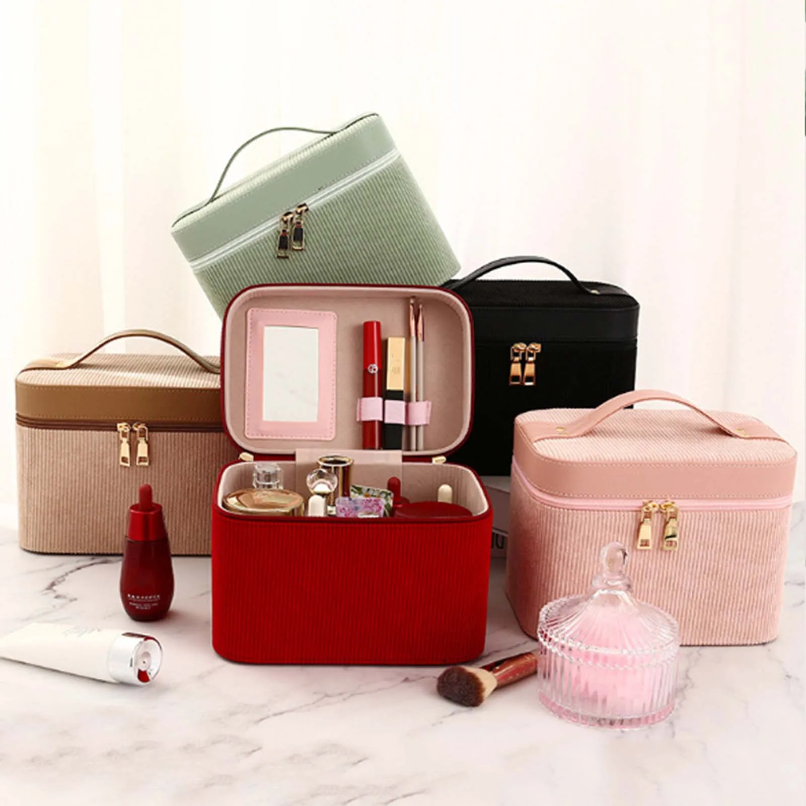 Double-Layer Makeup Bag With Mirror Lightweight Cosmetic Storage Bag Travel Storage Supplies Large Capacity Cosmetic Bag