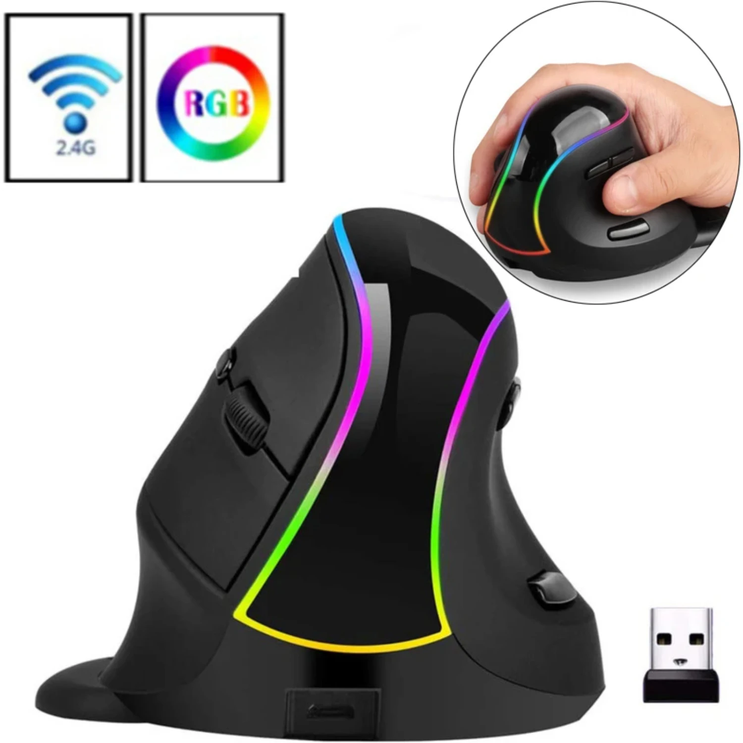 

Missgoal RGB Wireless Vertical Mouse 2.4G USB Optical Mouse Rechargeable Ergonomic Mous 3200 DPI Mouse For Desktop