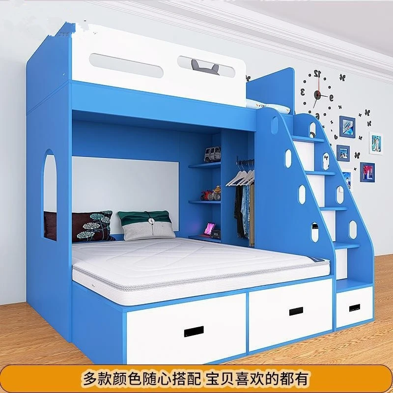 Multi-kinetic energy combination double-layer upper and lower bed ladder cabinet staggered small apartment high guardrail