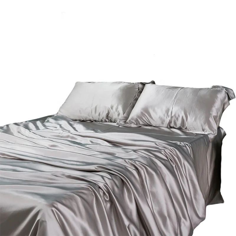 Solid Color Smooth Artificial Silk Satin Two Pillowcases One Flat Bed Sheet One Fitted Bed Sheet Bedding Set