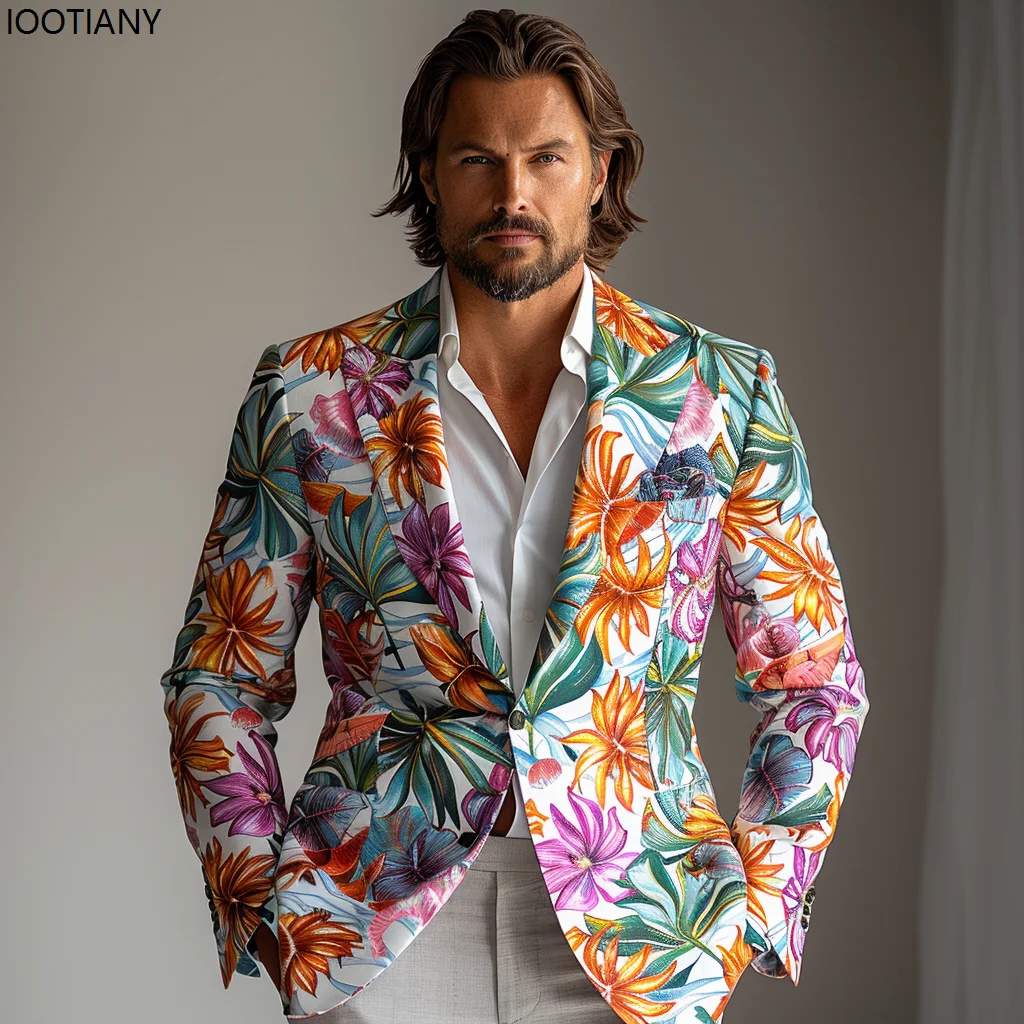 Men Floral Print Suit Jacket Colorful Jacquard Jackets Business Casual Lapel Blazer Wedding Performance Nightclub Stage Dress Up