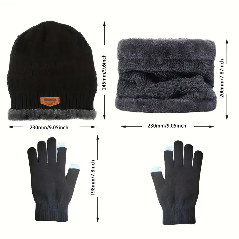 1 set warme en zachte winterfleece gevoerde gebreide muts, sjaals en touchscreenhandschoenen 3-delige set, perfecte oor- en nekwarmer