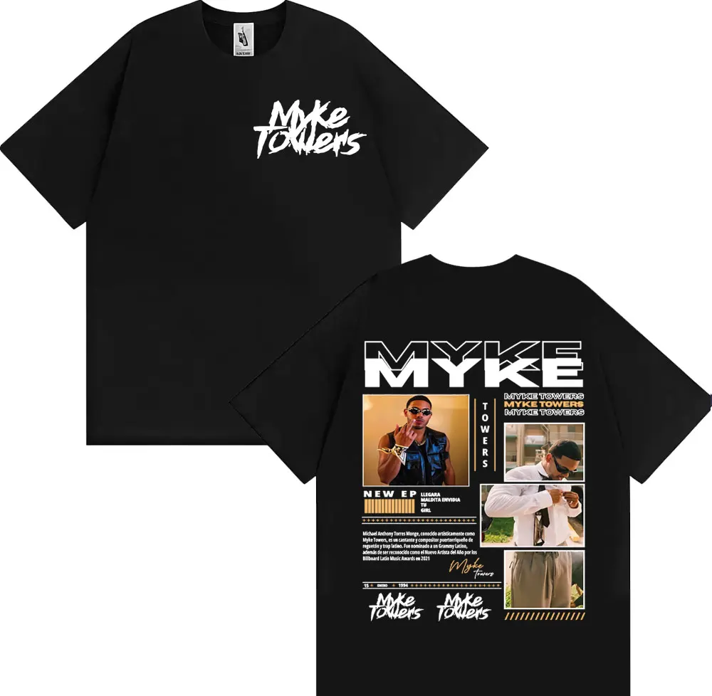 

Рэпер Myke Towers 2025 Tour Графические футболки Мужчины Женщины Мода Хип-хоп Поп-музыка Футболка Повседневная Свободная хлопковая футболка Уличная одежда
