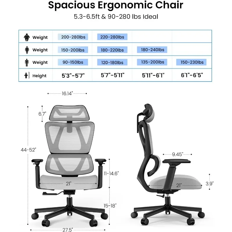 Ergonomic Office Chair with 30% Thicker Shaped Spring Cushion, Adaptive Lumbar Support, Big and Tall Mesh Chair