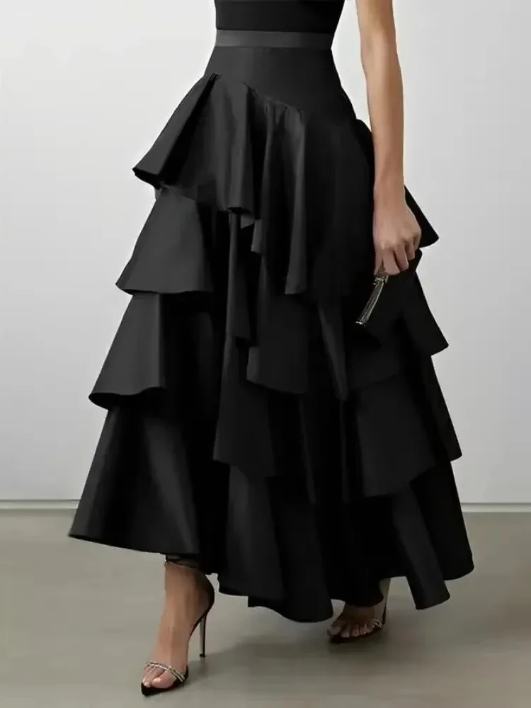 

Women's Solid Color High Waist Tiered Falbala Maxi Skirts Elegant Asymmetric Layered Flare Party Evening A-Line Long Skirt