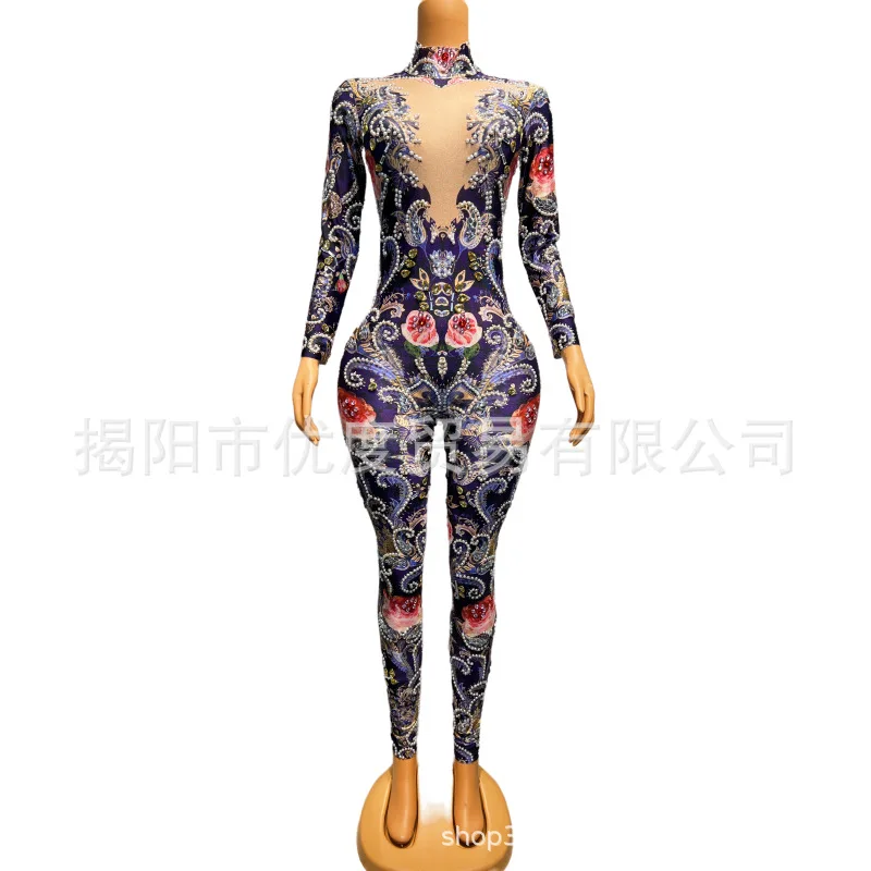 Glam Handmade Rhinestones Slim DJ Cocktail Party Birthday Female Singer Night Party Costume Rose Designer Luxury Evening Dresses