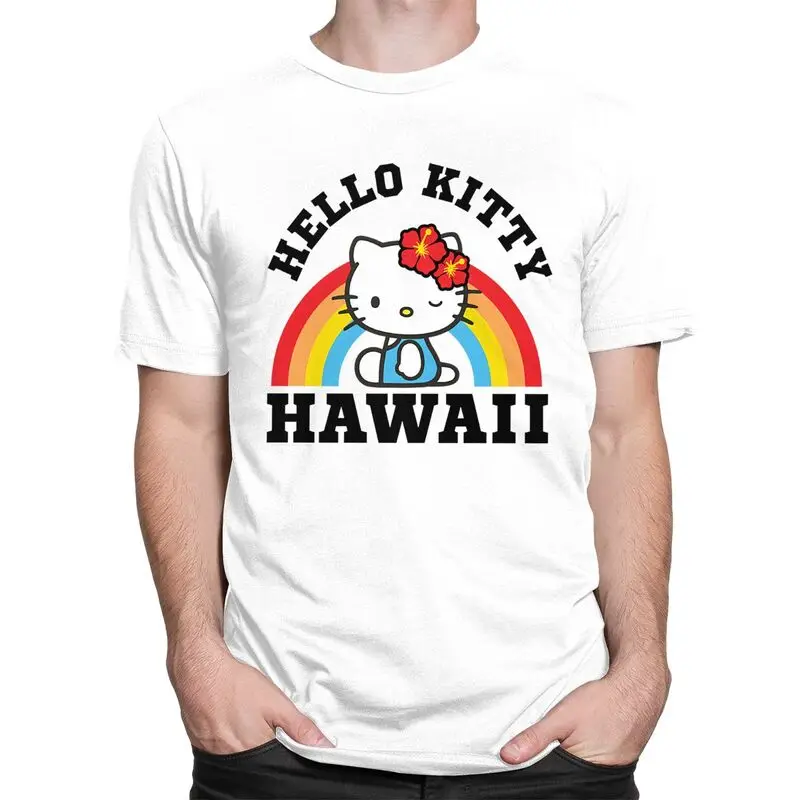 Hello Kitty Hawaii Rainbow Tshirt Men Short Sleeve Streetwear T Shirt Unique T-shirts Loose Fit Cotton Tee Clothes