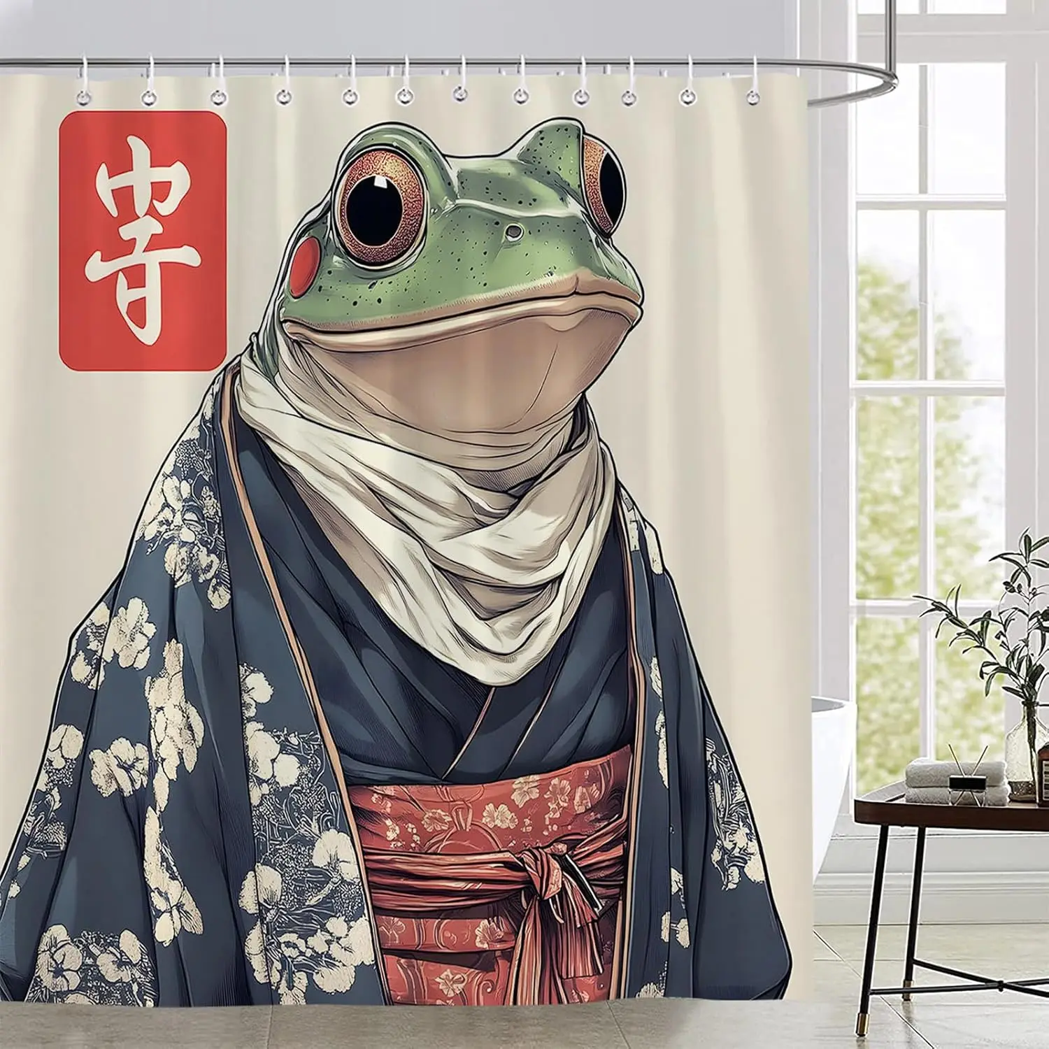 

Funny Frog Shower Curtain Japanese Samurai Vintage Asian Wildlife Abstract Art Bathroom Decor Set Polyester Fabric with Hooks