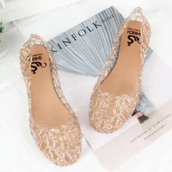 Summer Women'S Sandals Flat-Soled Crystal Clogs Hollow Flat-Soled Slip-Ons Shallow Mouth Roman Jelly Shoes Beach Sandals