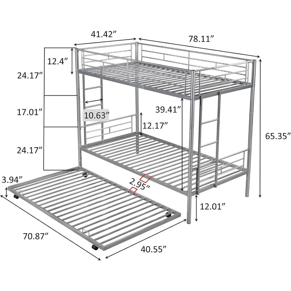 Metal Bunk Bed with Trundle ,Twin Over Twin Bunk Beds with Slats, Heavy Duty Bunkbed Frame for Adults,Teens,Boys and Girls