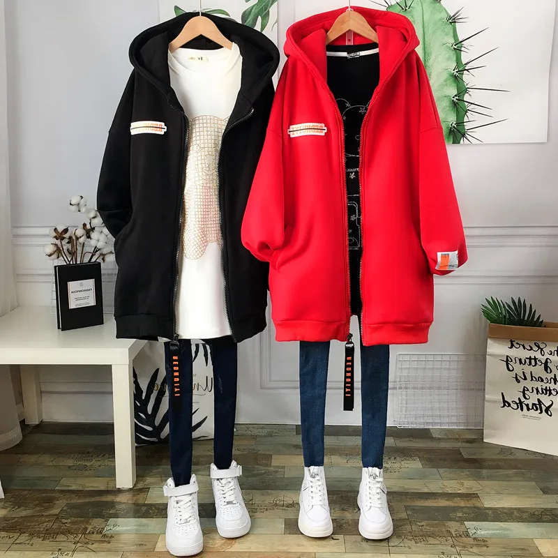 سترة صوفية مبطنة سميكة متوسطة الطول بسحاب وغطاء للرأس مفتوحة سترة خارجية للنساء كاجوال مريحة