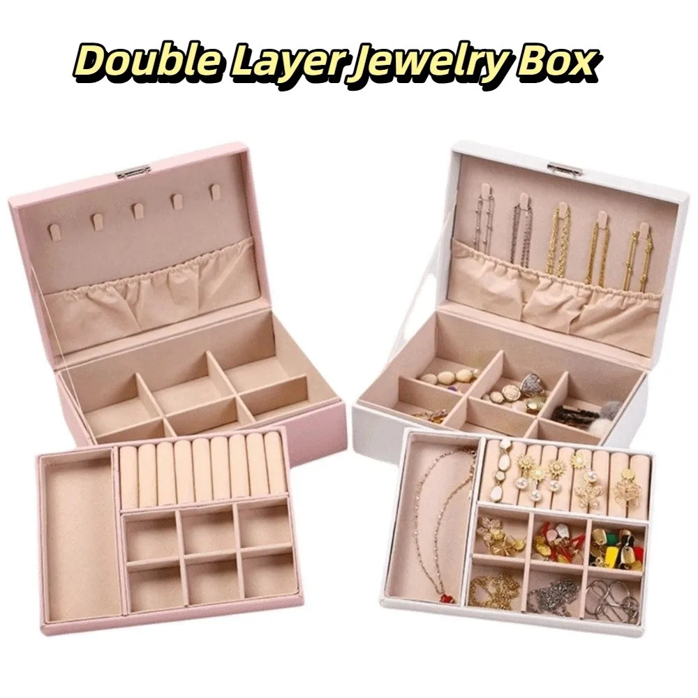 Jewelry Display Double Layer Jewelry Box Ornaments Case Storage PU Leather Displays Box Earring Holder Double Storage
