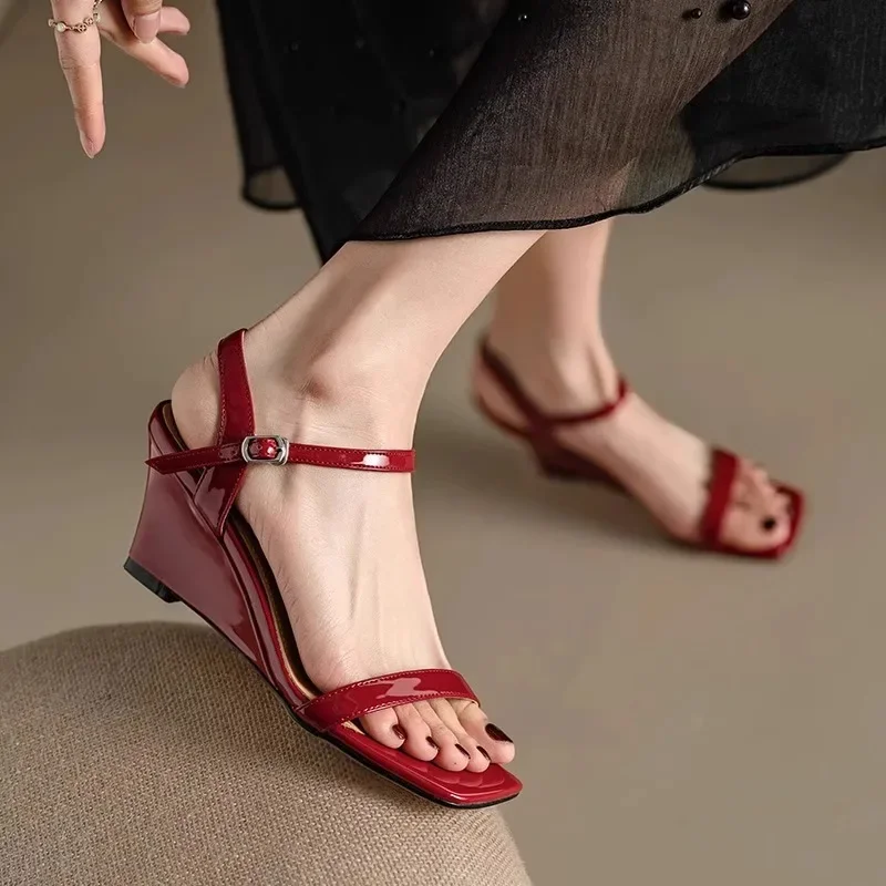 

Slope Heel Sandals Female Wine Red Temperament Square Head Open Toe Shoes for Women Fashion Roman High Heels Summer Sandalias