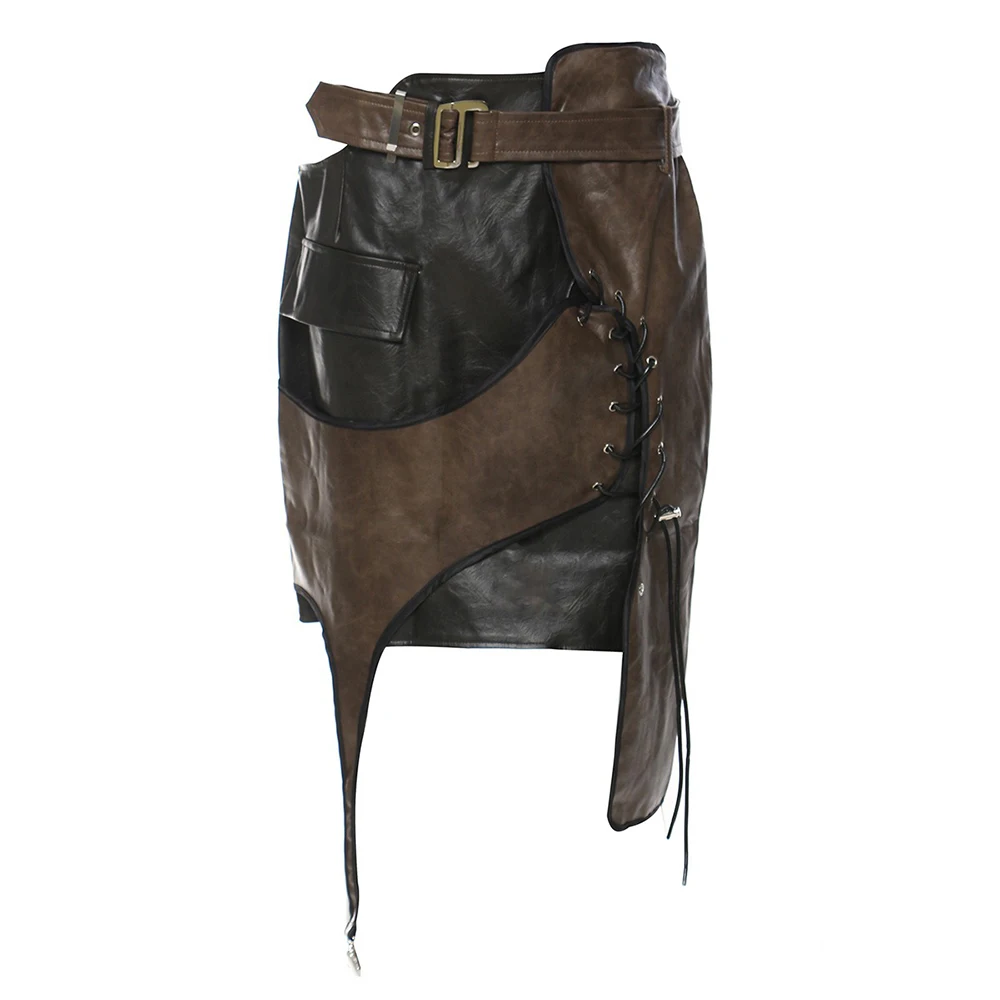 

Pu Leather Skirt Belt Women Sexy Asymmetrical Patchwork Female Faux Short Skirts Office Lady Bandage Cross Lace Up Harajuku 2024