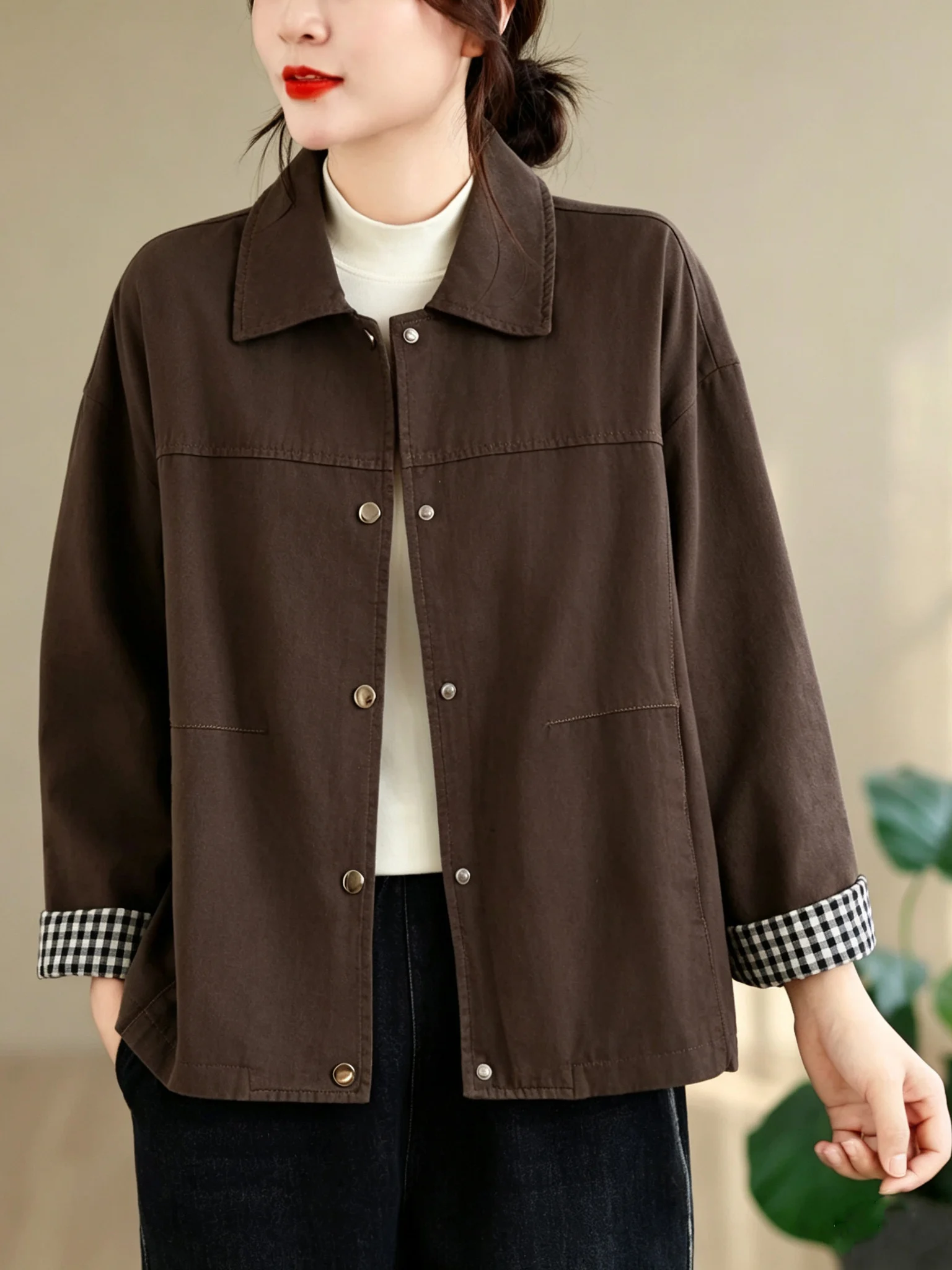 Authentic Artistic Short Women's Jacket Casual Long Sleeve Turn-down Collar Top Spring Autumn 2026 Versatile Loose Fit Cotton