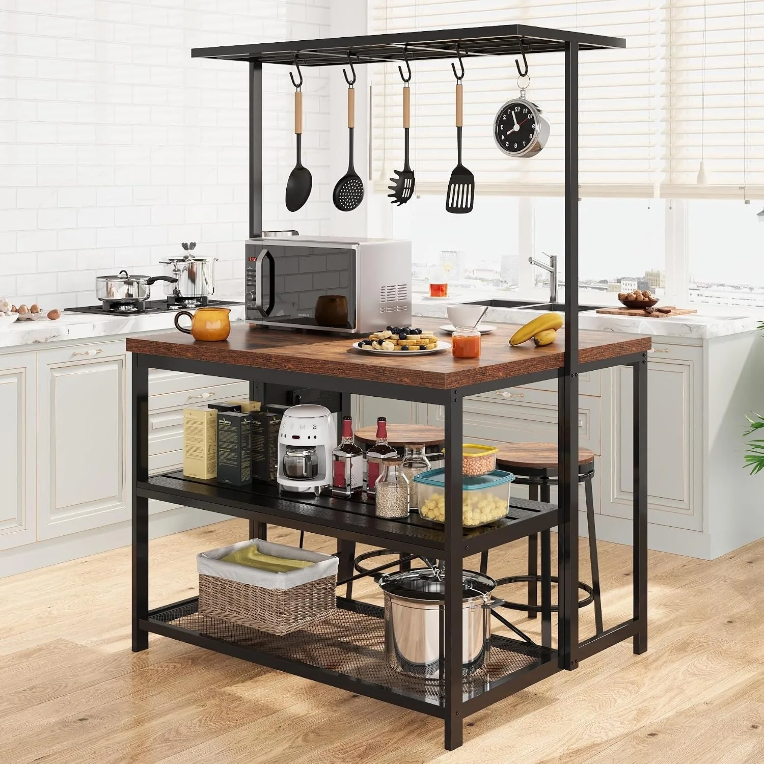 47 in Kitchen Island with Power Outlet & Storage - Large Bakers Rack, Microwave Stand with 3-Tier Shelves & 5 Hooks for Pantry Organization