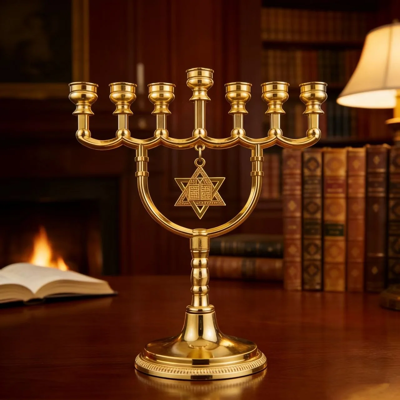 Golden seven-branch Menorah (with star of David), Traditional Jewish Menorah, suitable for Hanukkah, Religion
