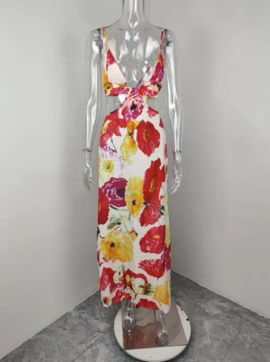 

Women's Floral Casual Sexy Slim Wrap Suspender Long Dress 2025 Summer Beach Style Hollow Out Backless Women Fashion Dresses