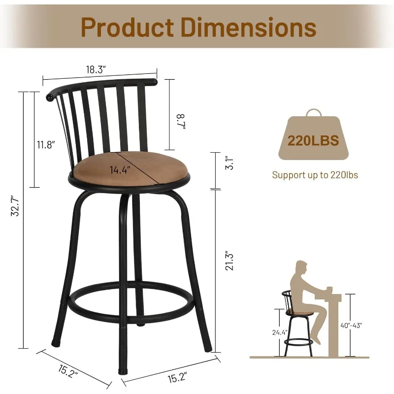 Classic Barstools Set of 2, Country Style Bar Chairs with Back and Footrest Swivel Counter Height Bar Stools for Kitchen Island