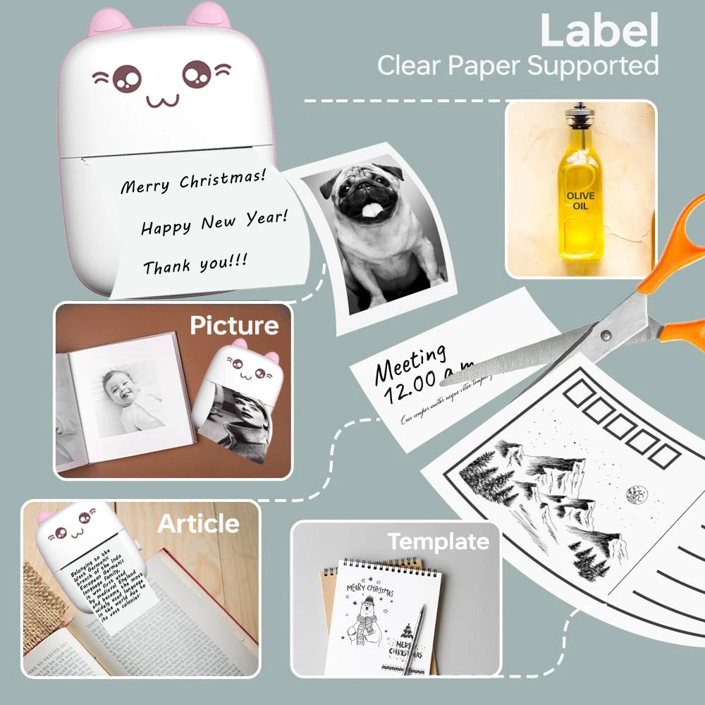 Mini Cat Cute Printer Thermal Paper Price Label Picture Luggage Tags English Learning Bluetooth Printing Pocket Maker For Kid