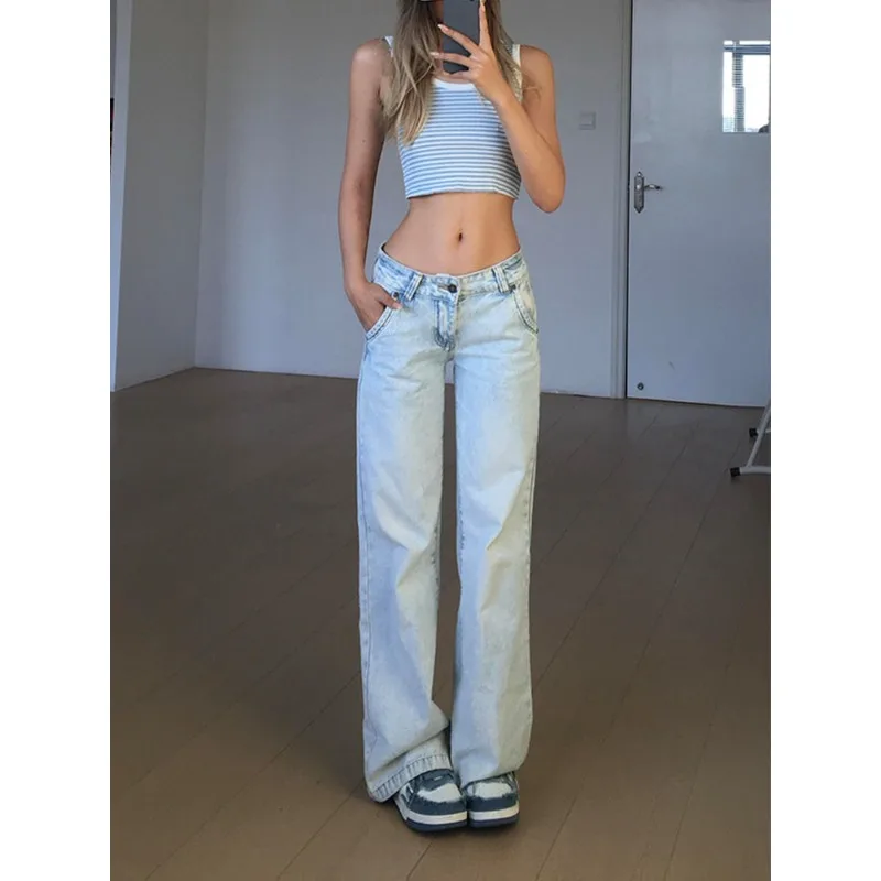 

Summer Retro High Street Wide Leg Jeans Women's Light Color Loose Straight High Waist Dra Floor-Length Pants Slim Version