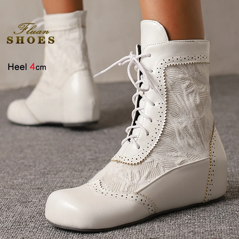 

Autumn White Women's Knight Boots Internally Raised Wedges Heels 4cm Round Toe Ankle Boots Front Lace Up Ladies Shoes Size 35-46