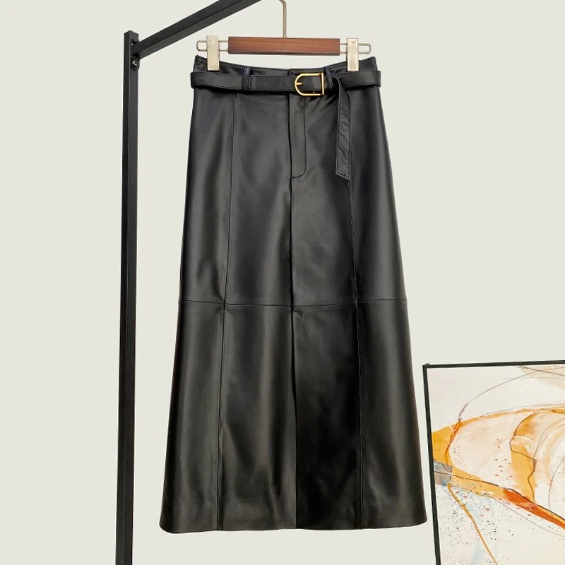 2025 Fall New Genuine Leather Skirt for Women Chic High Waist A-line Skirts Fashion Lace-up Belt Slim Waist Sheepskin Long Skirt