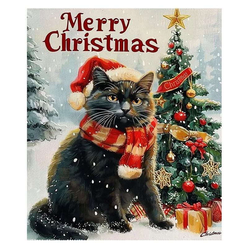 

AB Drill Adult Diamond Painting Kit Black Cat Pattern with Christmas Hat Rhinestone Art Painting Christmas Decoration Painting