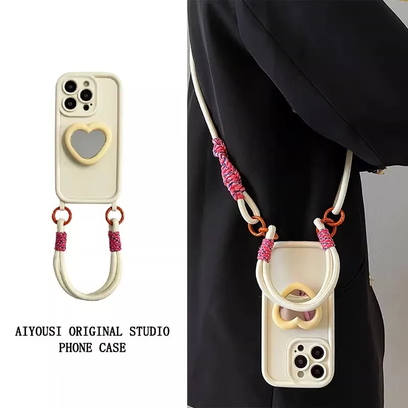 Simple beige silicone love bracket is suitable for Apple 17promax mobile phone case iphone15 makeup mirror 12