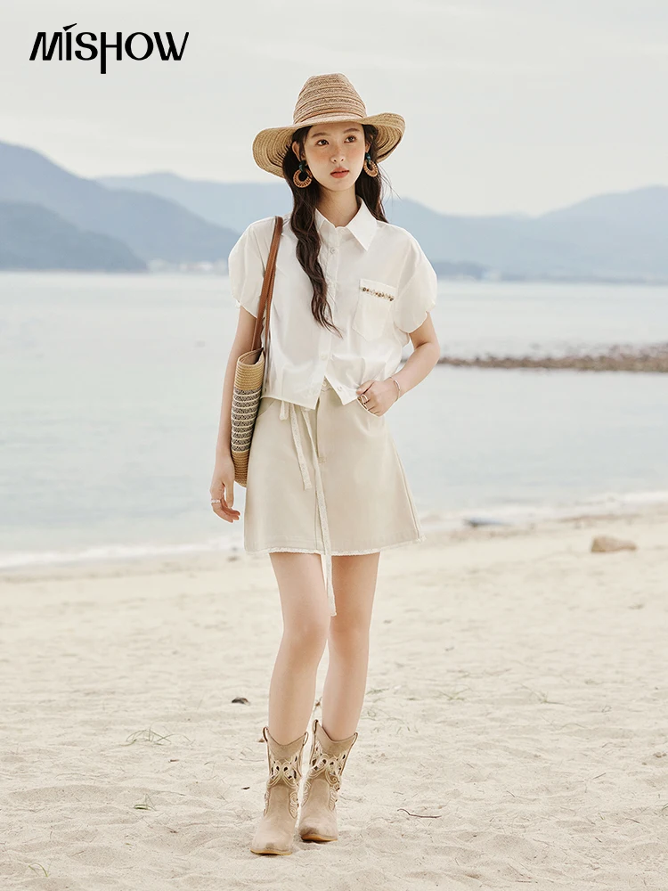 MISHOW Casual Summer Blouses Women 2025 New Short Puff Sleeve Turn Down Collar Shirt Female Fashion Shell Ribbon Tops MXE33C0773