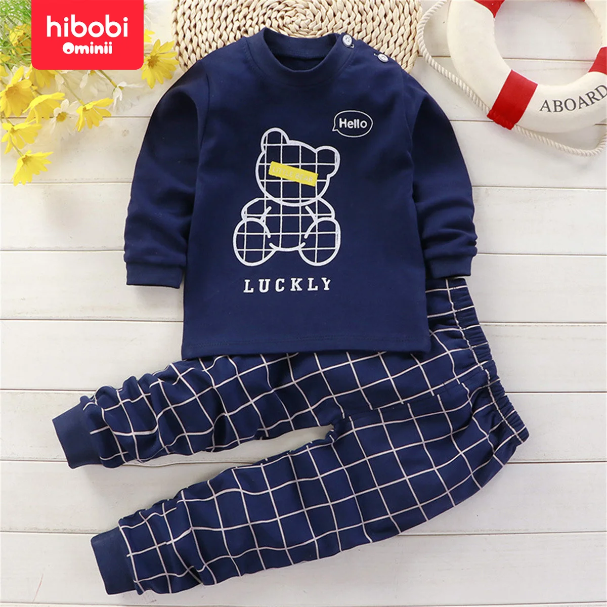 Hibobi-Conjunto de ropa de estar por casa para niños, Top de manga larga con estampado de oso de dibujos animados, pantalones cómodos a juego, 100% algodón, 2 piezas