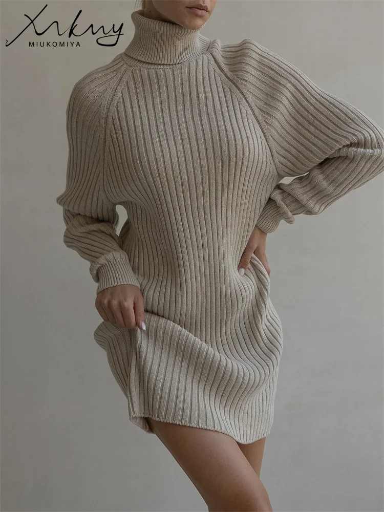 MiuKoMiYa Short Turtleneck Dresses Women Simple Sweaters Autumn Winter Casual Khaki Women\'s Knitted Dress For Women Spring