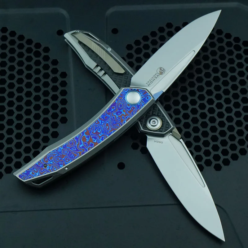 VENOM Montresor TC4+Zirconium Alloy/Titanium Damascus Handle Flippre Folding Knife Hunting Survival Pocket Kitchen Fruit Knives