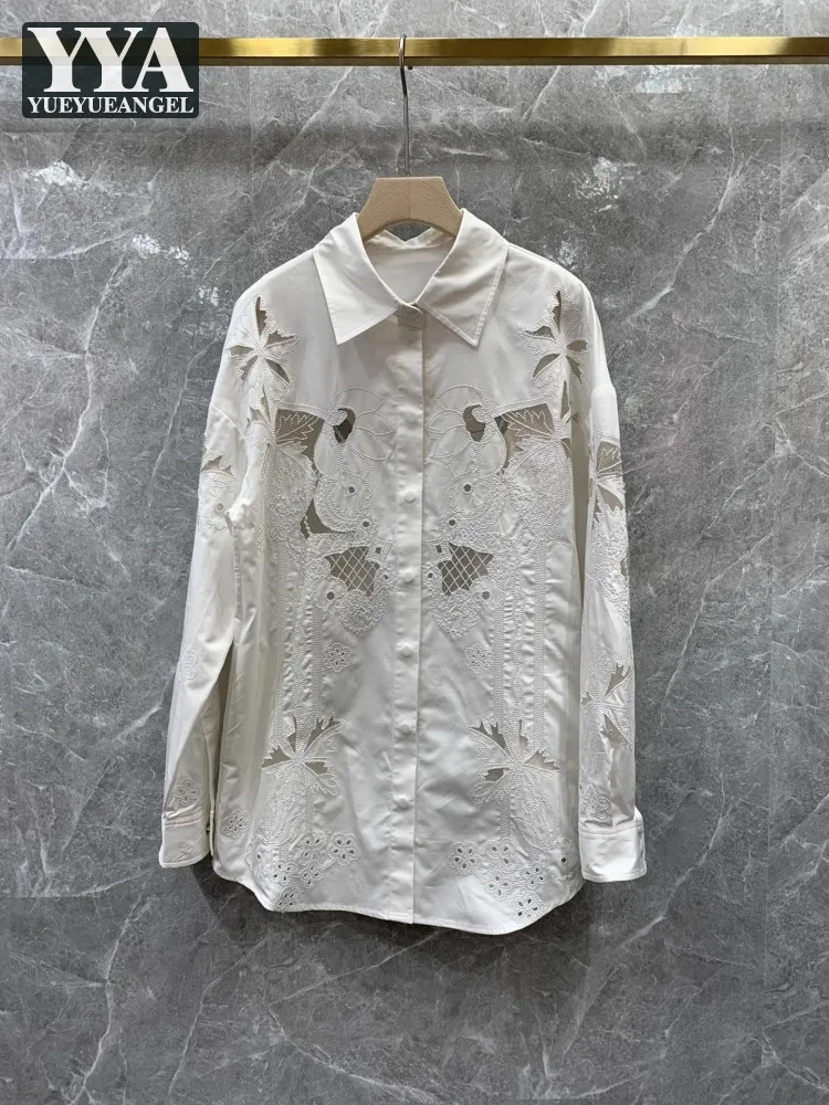 

Women Fashion Flower Embroidery Long Shirt Single Breasted Hollow Out Long Sleeve Spring Summer Loose Fit Office Ladies Shirts