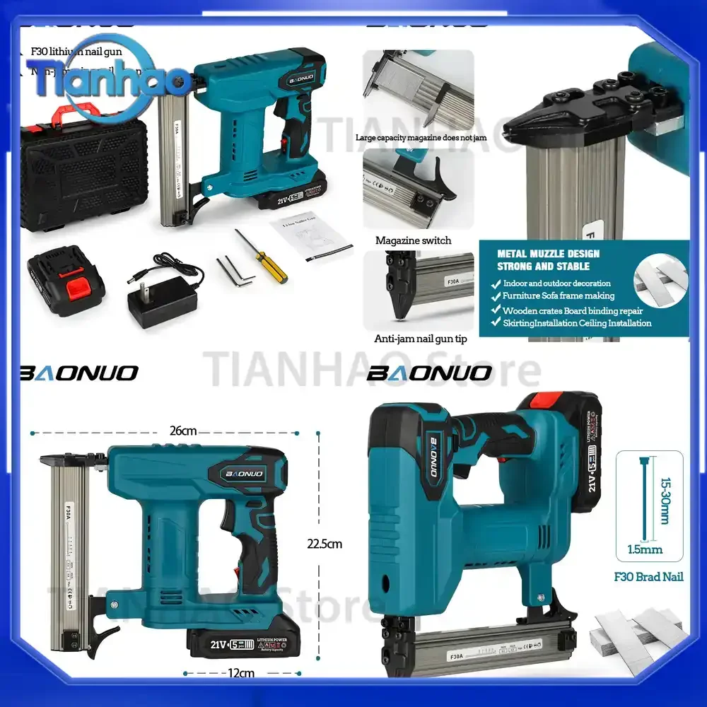 Cordless Electric Brad Nailer for F30 Lithium Battery Powered Straight Nail Gun Portable Woodworking Nail Gun