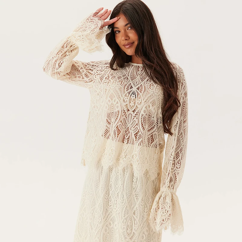 Tornova Set di abiti eleganti in pizzo Set da donna con maniche svasate sexy vuote Top senza schienale con lacci Gonna lunga a vita alta Set da 2 pezzi