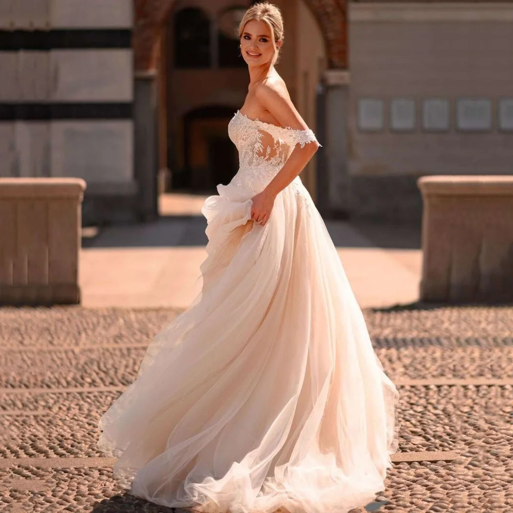 Customized Boho Tulle A Line Wedding Dresses Applique Sweetheart Bride Dress Off Shoulder Bridal Gowns Vestidos De Novia