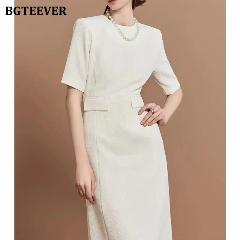 BGTEEVER Spring Summer O-neck Short Sleeve Female Dress Elegant Slim Waist Women Dress Ladies Vestidos